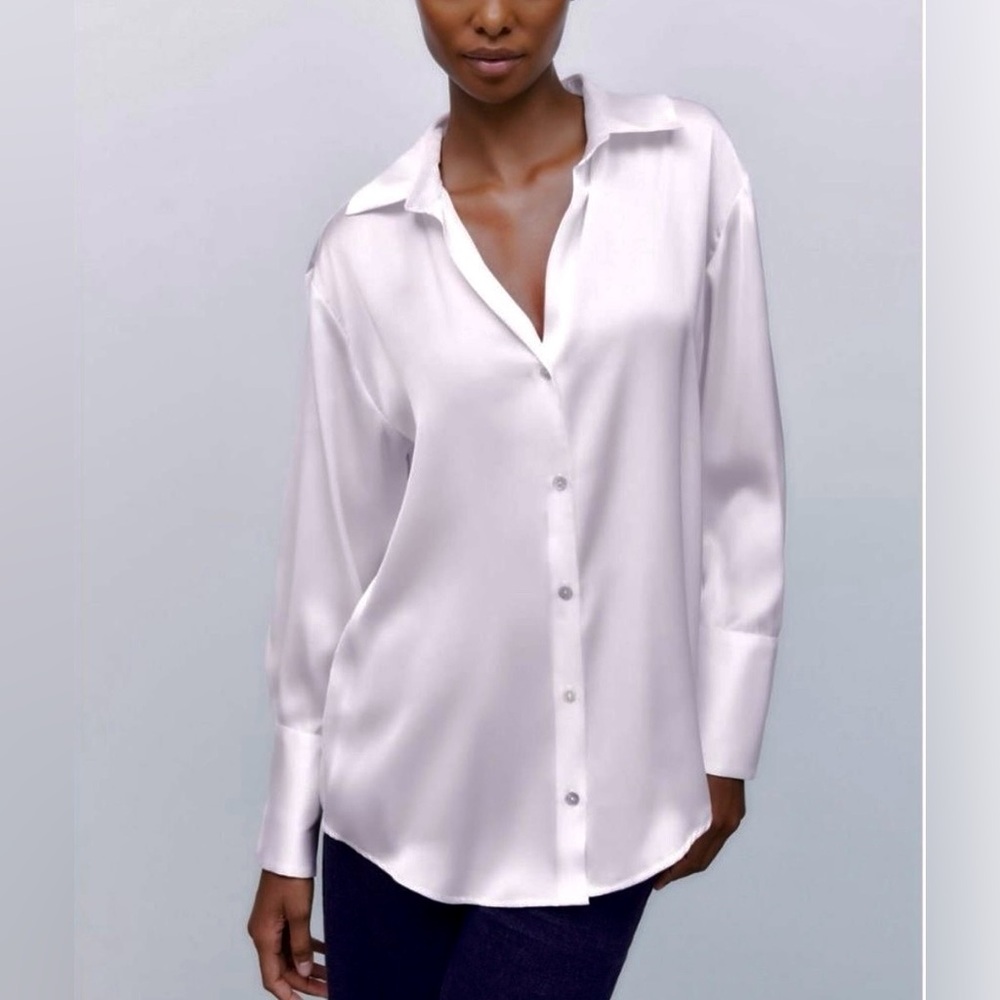 Zara Classic White Satin Shiny Effect Blouse Size S